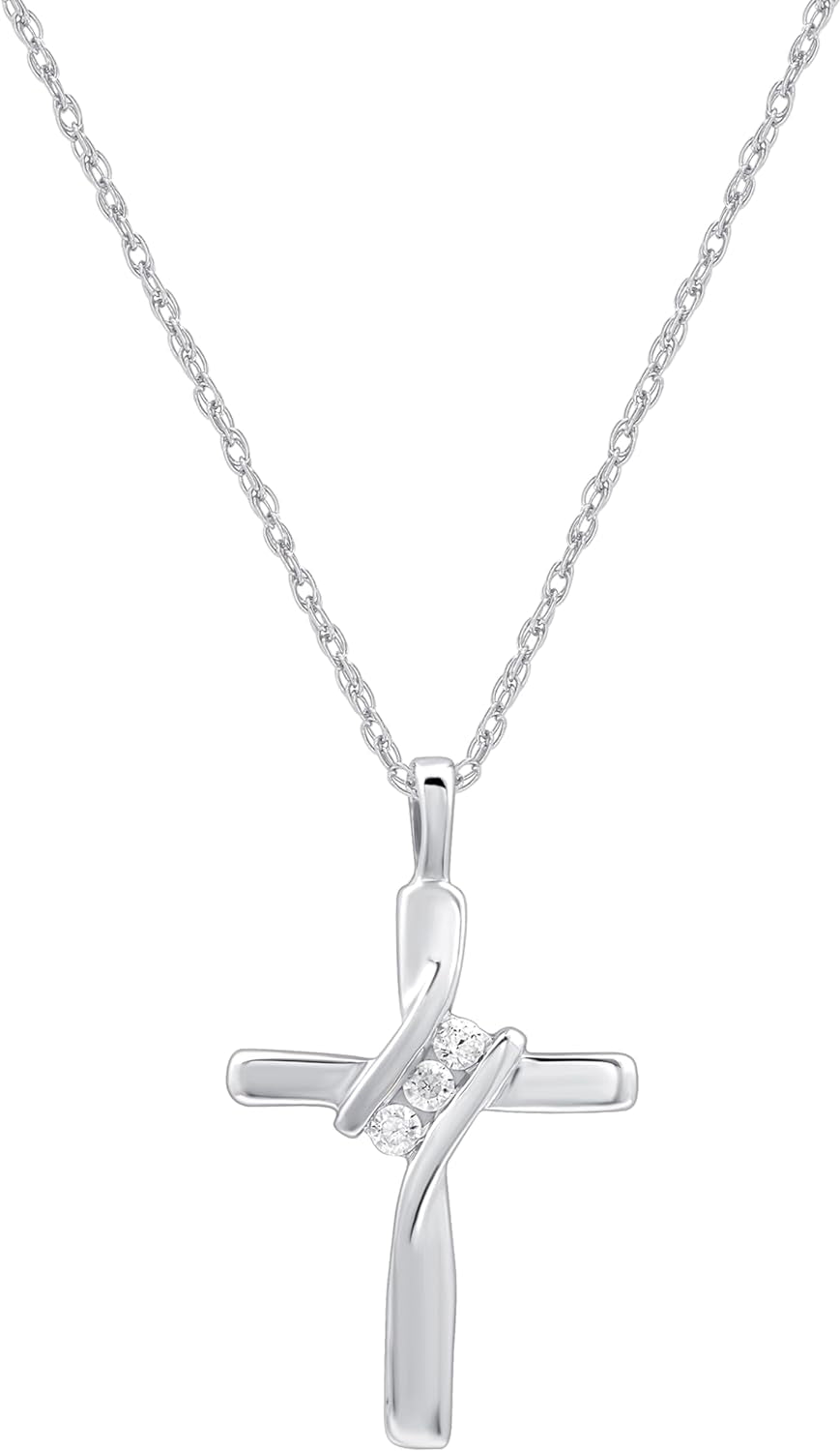 Small 10K White Gold Natural Round-Cut Diamond Accent (I-J Color, I2-I3 Clarity) 3 Stone Cross Pendant-Necklace,18"