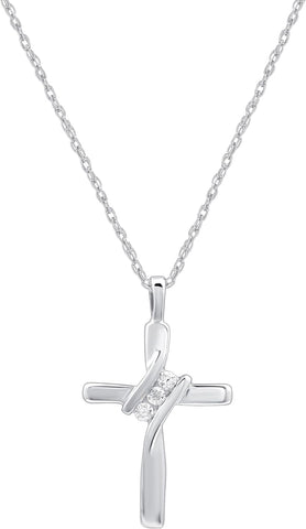 Small 10K White Gold Natural Round-Cut Diamond Accent (I-J Color, I2-I3 Clarity) 3 Stone Cross Pendant-Necklace,18"