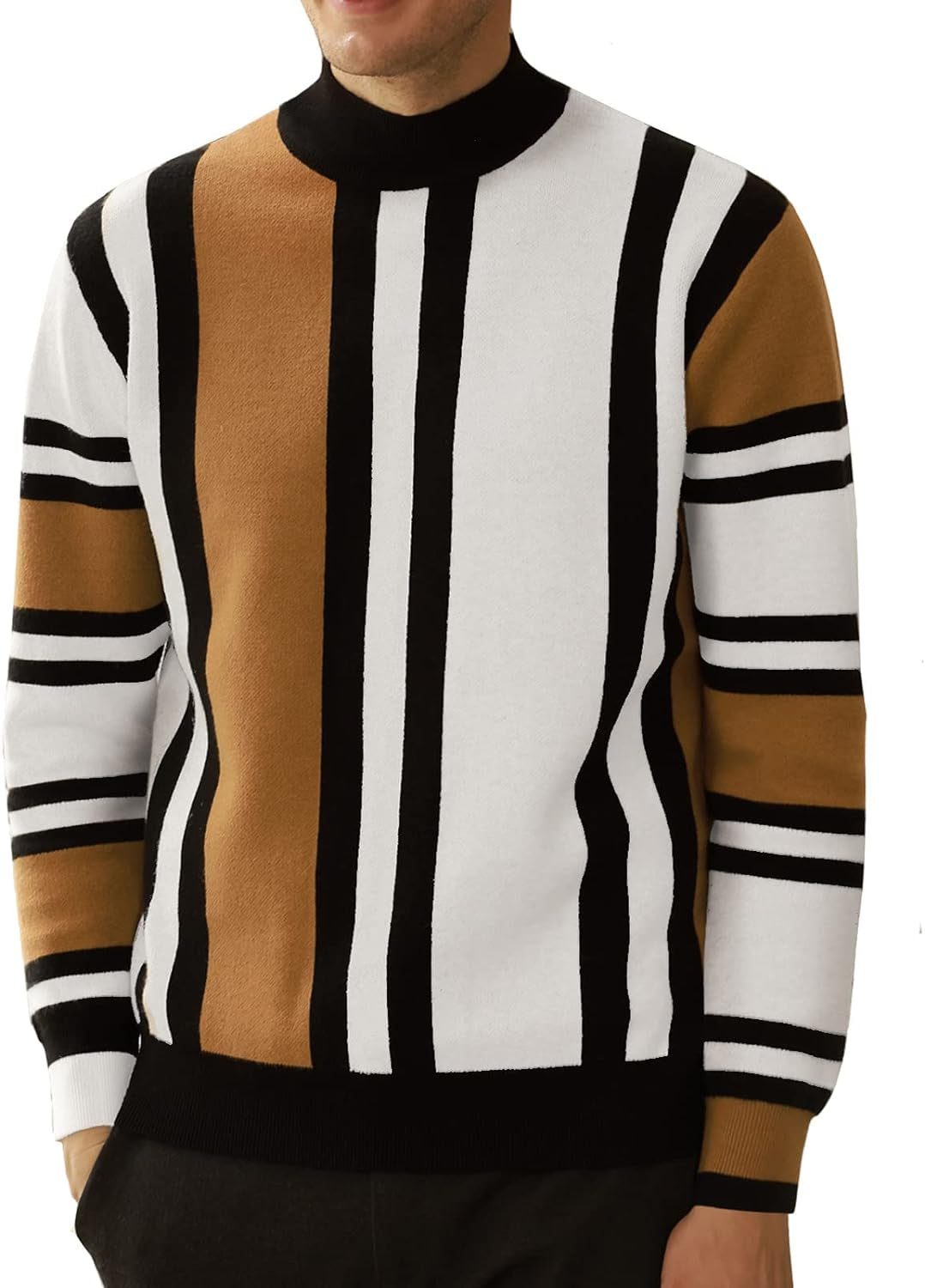 Mens Vintage Stripes Pullover Stand Collar Mockneck Jumper Sweater