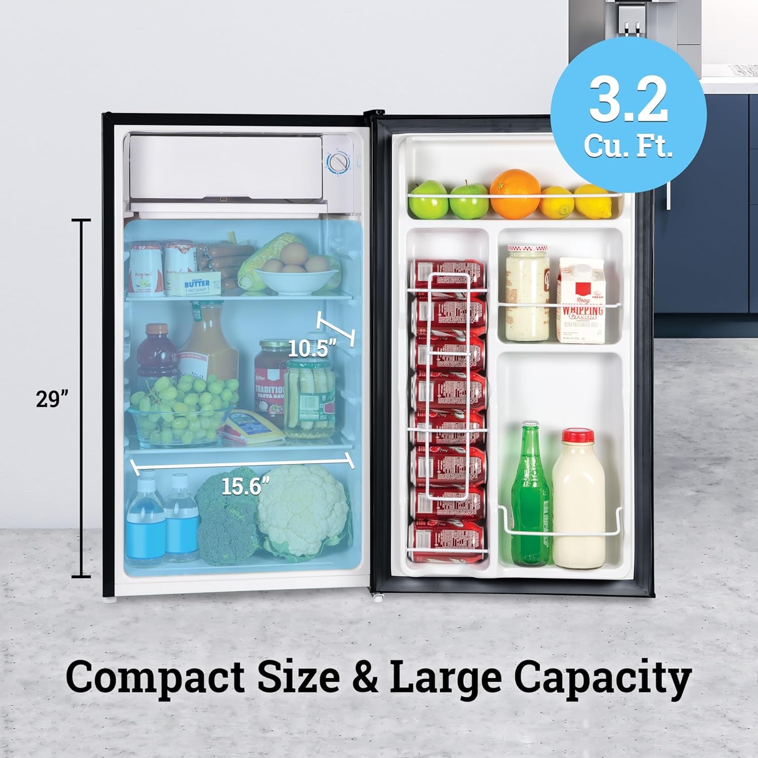 3.2 Cu.Ft. Single Door Compact Refrigerator with Freezer - Slide Out Glass Shelf, Perfect for Homes, Offices, Dorms - Black