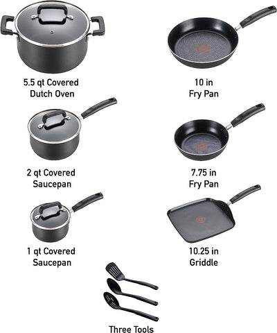 Signature Nonstick Cookware Set 12 Piece, Oven Broiler Safe 350F, Pots and Pans, Kitchen Cooking Set W/ Fry Pans, Saucepans, Saute Pan, Dutch Oven, Griddle, Kitchen, Home, Dishwasher Safe, Black