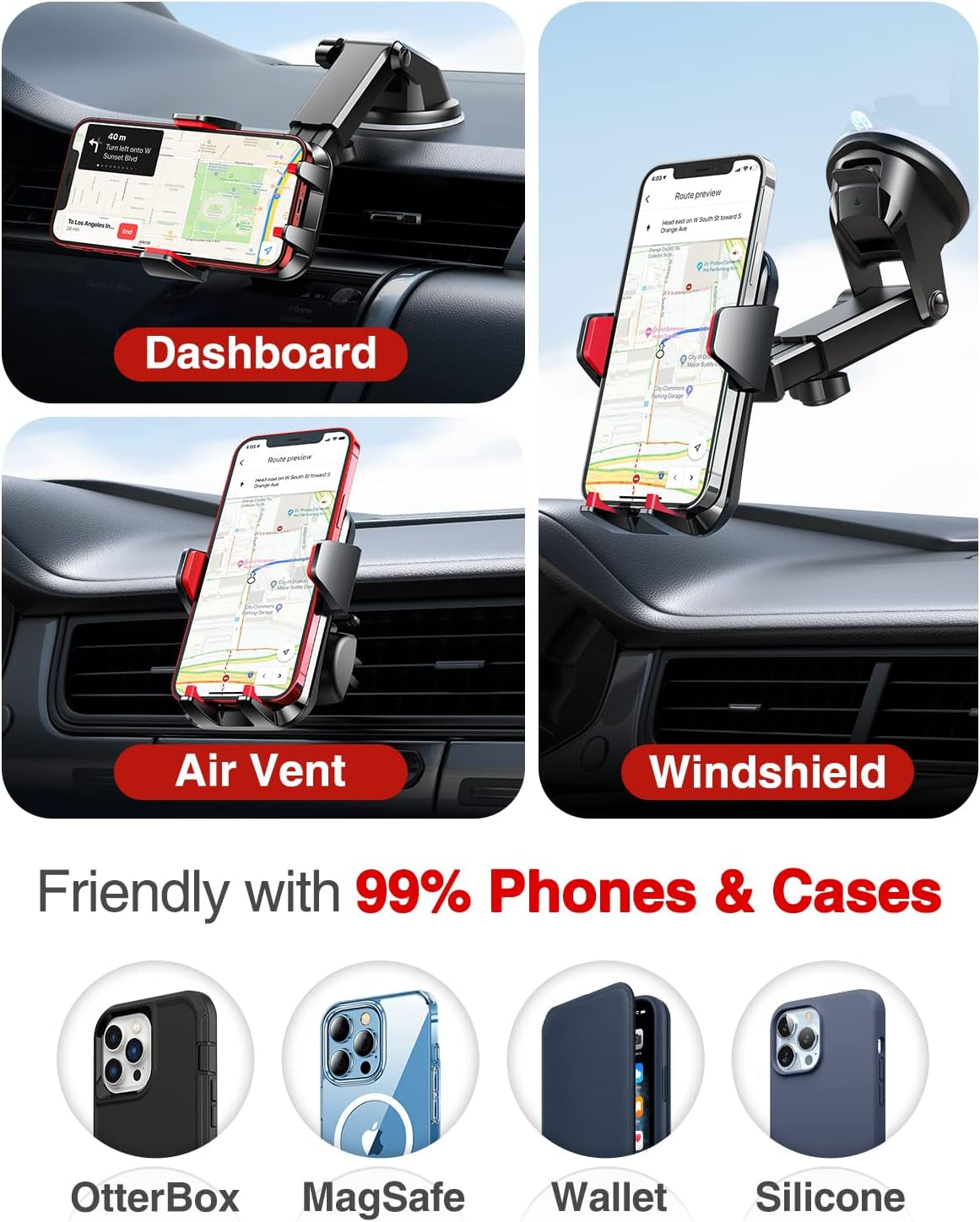 【2023 Strongest & Military-Grade】 Car Phone Mount 【Patent & Safety】 Ultimate Cell Phone Holder Best Handsfree Stand for Dash Windshield Vent for Iphone 15 Pro Max 14 13 Android & Truck, Red