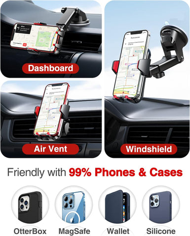 【2023 Strongest & Military-Grade】 Car Phone Mount 【Patent & Safety】 Ultimate Cell Phone Holder Best Handsfree Stand for Dash Windshield Vent for Iphone 15 Pro Max 14 13 Android & Truck, Red