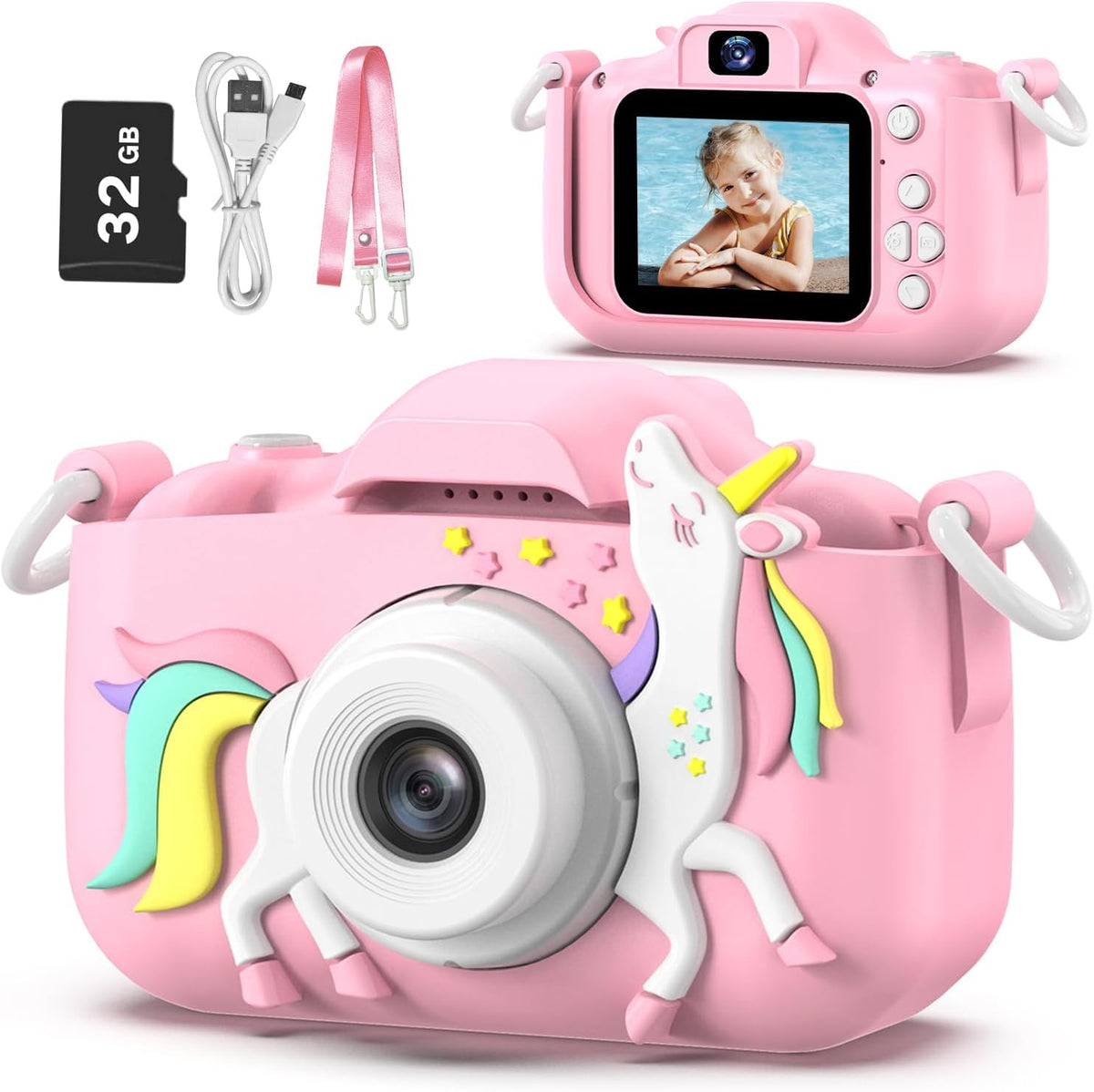 Kids Camera Toys for 3-8 Year Old Girls Boys,Children Digital Video Camcorder Camera with Cartoon Soft Silicone Cover, Best Chritmas Birthday Festival Gift for Kids - 32G SD Card Included