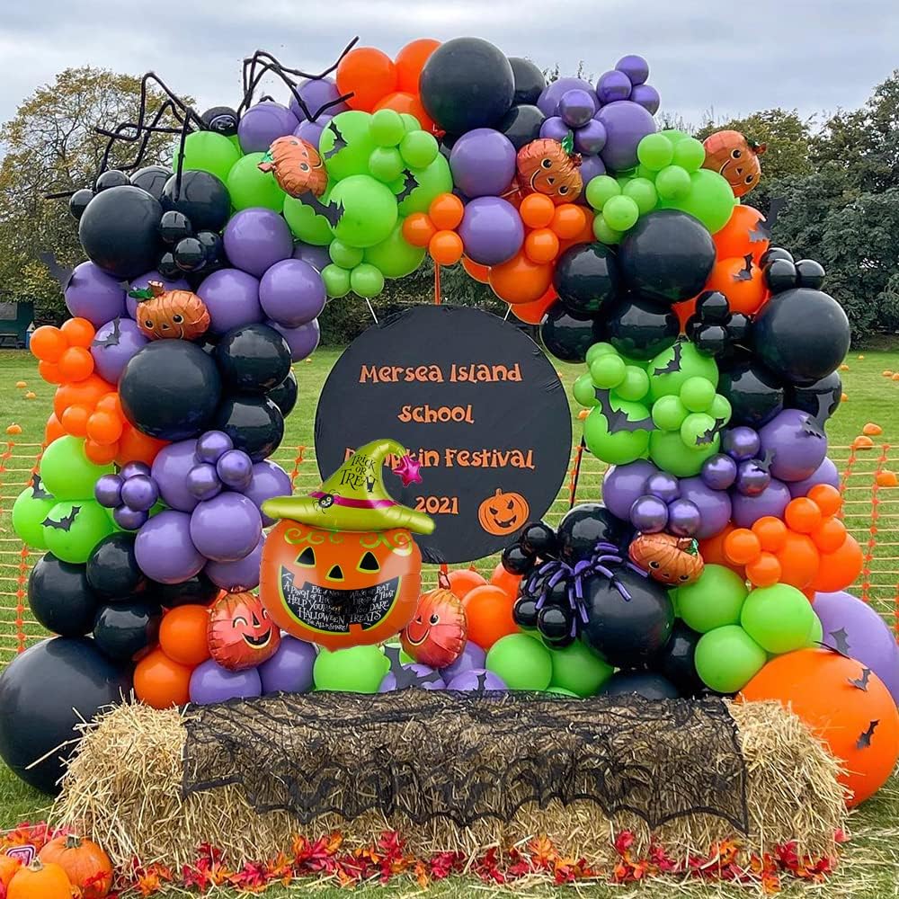 151PCS Halloween Balloon Arch Garland Kit, Black Orange Green Purple Balloons with Mylar Pumpkin Ghost BOO Foil Balloon for Kids Home Halloween Background Birthday Party Decorations Supplies