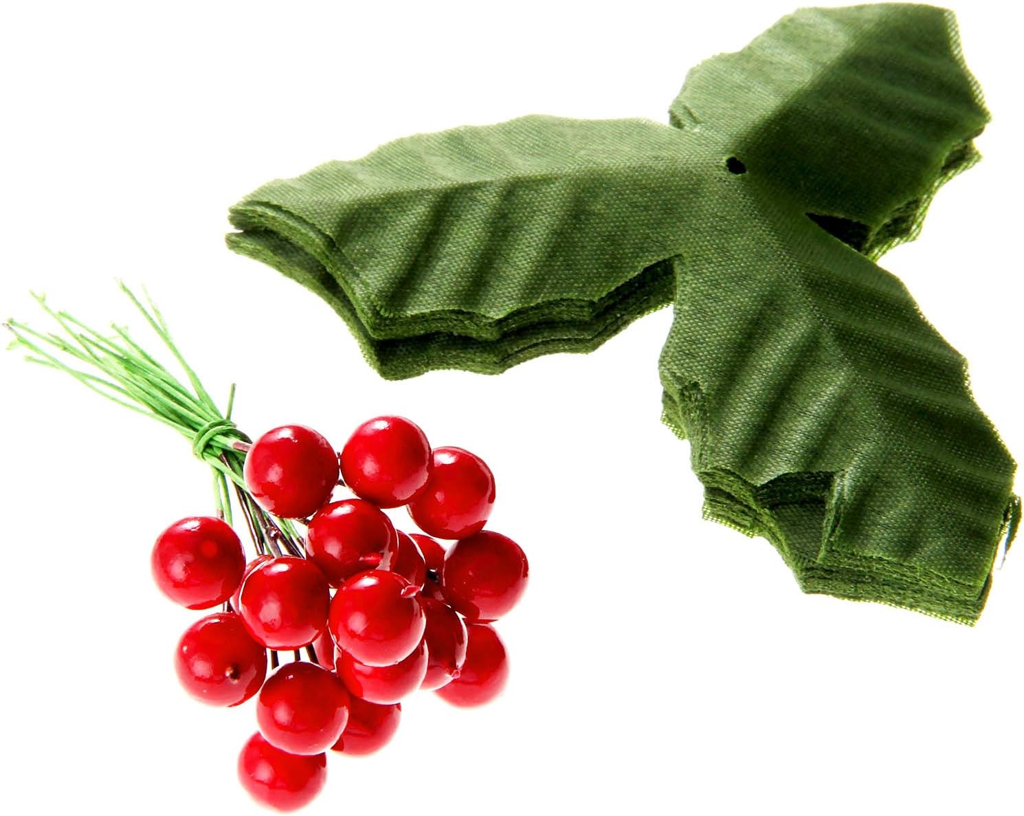 50 Pack Artificial Red Berry Stems and 50 Pack Green Leaves, Christmas Holly Berry Branches for Party Holiday Home Decoration and DIY Garland and Wreath Ornaments