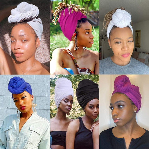 Ultra Soft Stretch Jersey Turban Head Wraps Long Solid Color African Shawl Hair Scarfs Lightweight Breathable Head Bands Ties for Black Women(White)