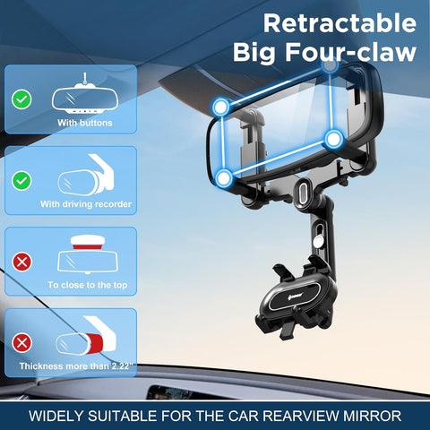 Large Rearview Mirror Phone Holder for Car 360°Rotatable and Retractable, 2023 Upgraded Four Corners Fixed Anti-Shake Multifunctional Design for All Phones and All Car Rearview Mirror with Button