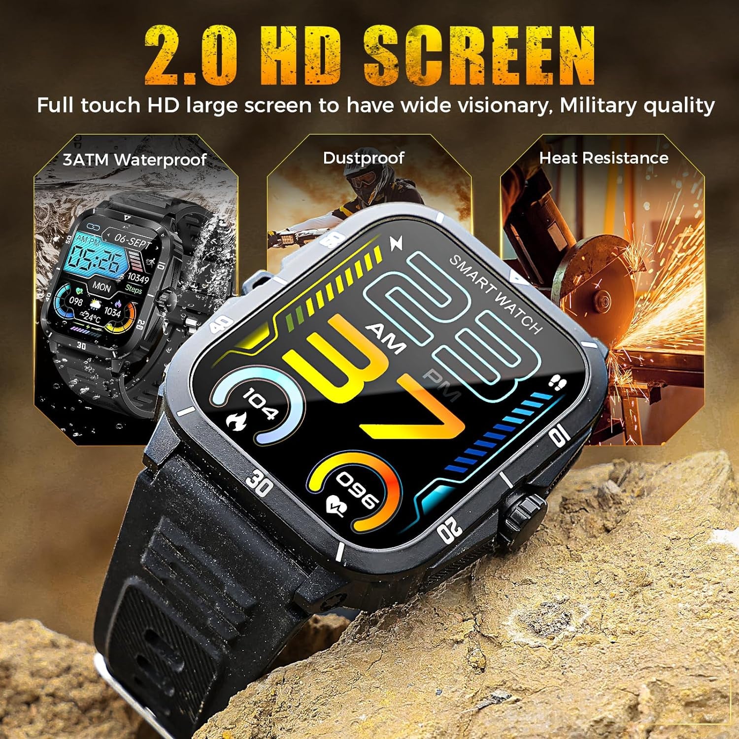 Military Smart Watch for Men 3ATM Waterproof Watch + Military Smart Watch for Men with Flashlight 3ATM Waterproof Watch 2.02'' Big Screen Fitness Tracker