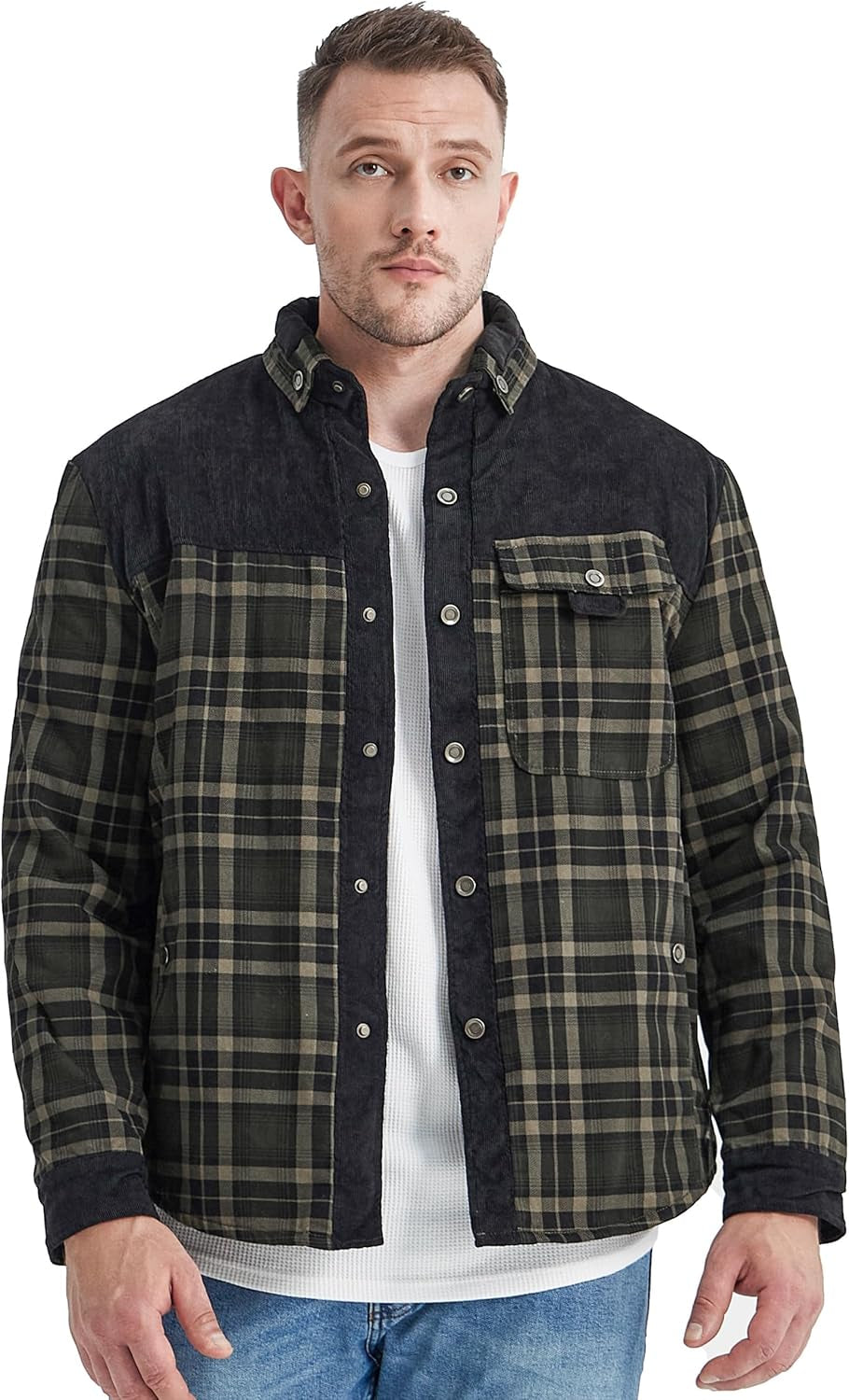 Men'S Outdoor Casual Fleece Sherpa Lined Flannel Plaid Button down Shirt Jacket