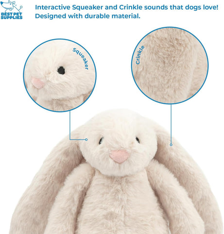 Interactive Bunny Buddy Dog Toy with Crinkle and Squeaky Enrichment for Small and Medium Breed Puppies or Dogs, Cute and Plush - Bunny (Beige)