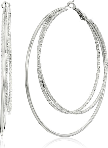 Smooth and Textured Wire Silver Hoop Earrings