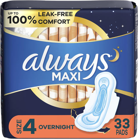 Maxi Overnight Pads with Wings, Size 4, Overnight, Unscented, 33 CT