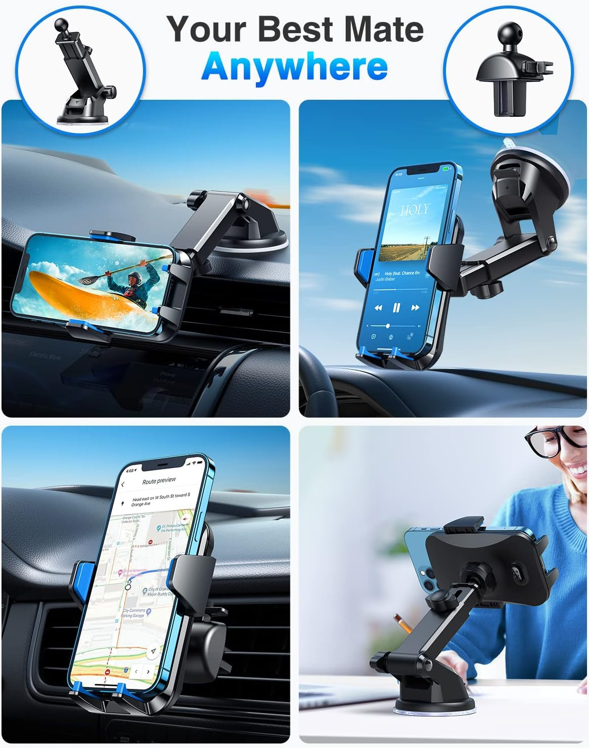 2024【65+LBS Strongest Suction & Military-Grade】 Newest Car Phone Mount【Patent & Safety】 Cell Phone Holder Truck Stand for Dashboard Windshield Vent for Iphone 15 Pro Max 14 Samsung, Blue