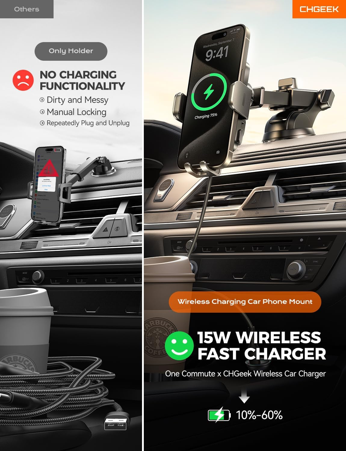 Wireless Car Charger Phone Holder Mount, 15W Fast Charging Auto Clamping Phone Holders for Your Car Dashboard Windshield Air Vent Car Accessories for Iphone, Samsung Galaxy, Google Pixel Etc