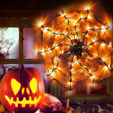 Halloween Decorations Orange Lights Spider Web 24In 60LED Spider Web Lights with Spider, 2 Modes Light up Cobweb Halloween Decorations for Indoor Ourdoor Garden Yard Home Patio