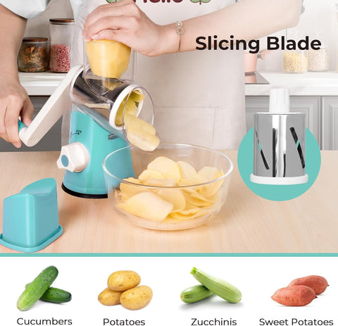 Rotary Cheese Grater, Kitchen Shredder with 3 Interchangeable Blades, Mandoline Vegetable Slicer with Strong Suction Base, Easy to Use and Clean, Blue