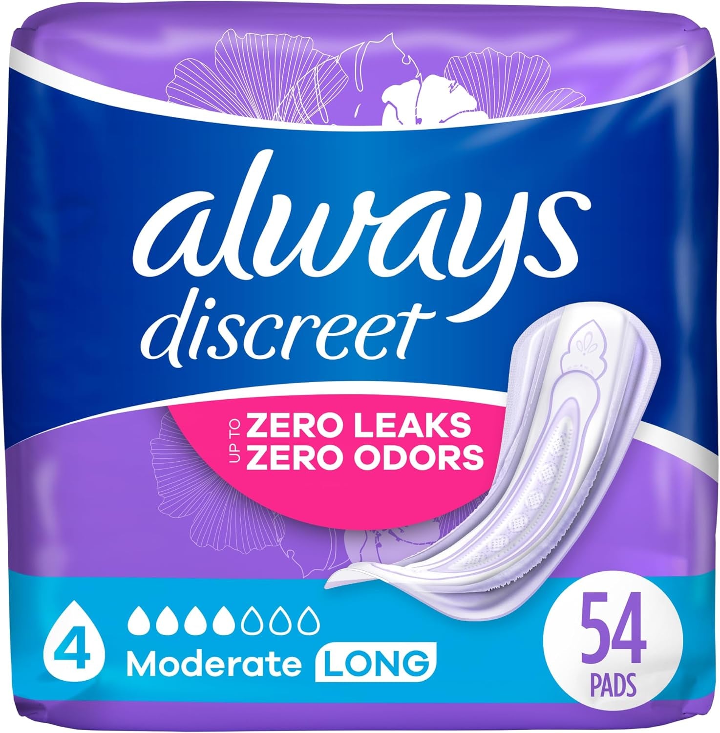 Adult Moderate Long Incontinence Pads, up to 100% Leak-Free Protection, 54 Count (Packaging May Vary)