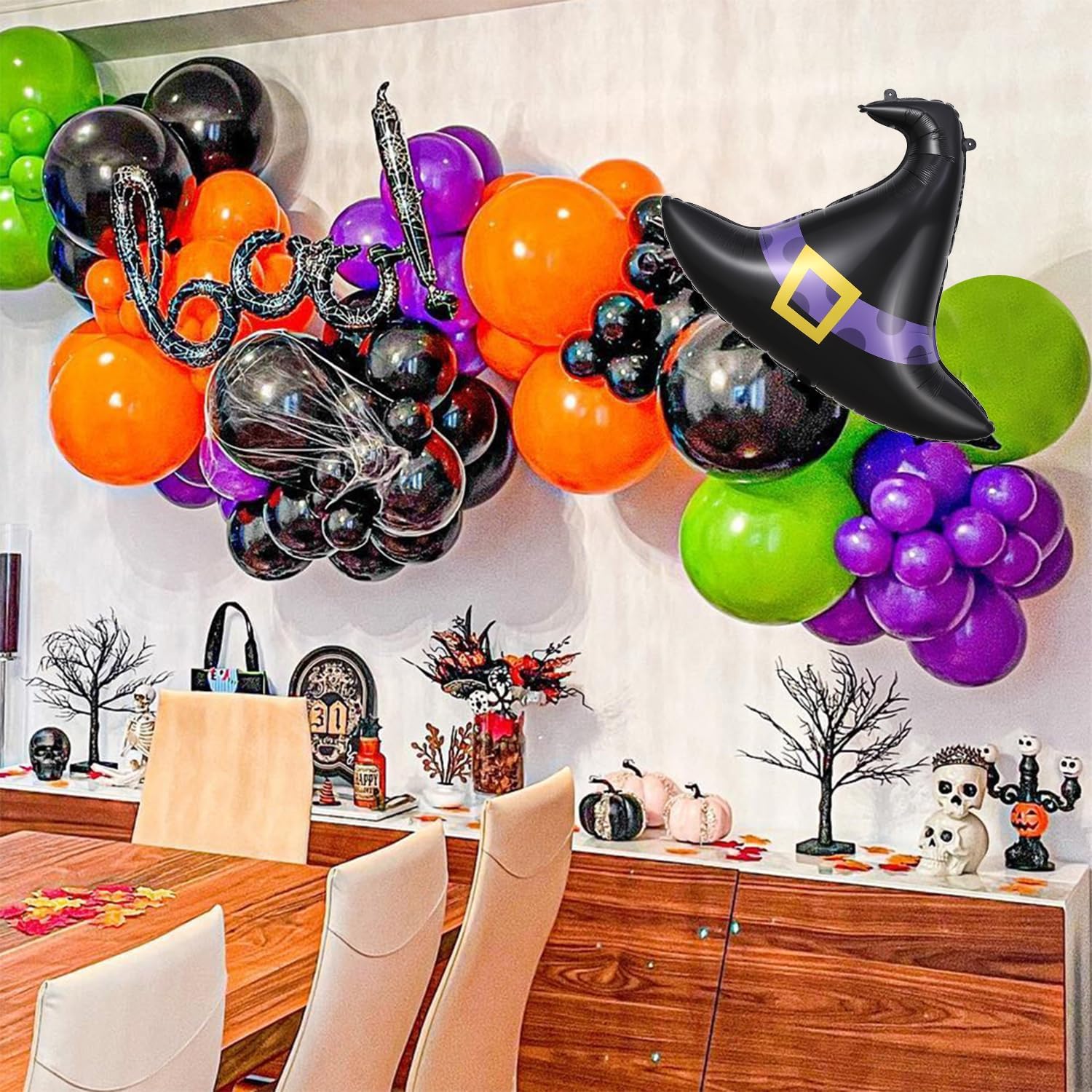 151PCS Halloween Balloon Arch Garland Kit, Black Orange Green Purple Balloons with Mylar Pumpkin Ghost BOO Foil Balloon for Kids Home Halloween Background Birthday Party Decorations Supplies