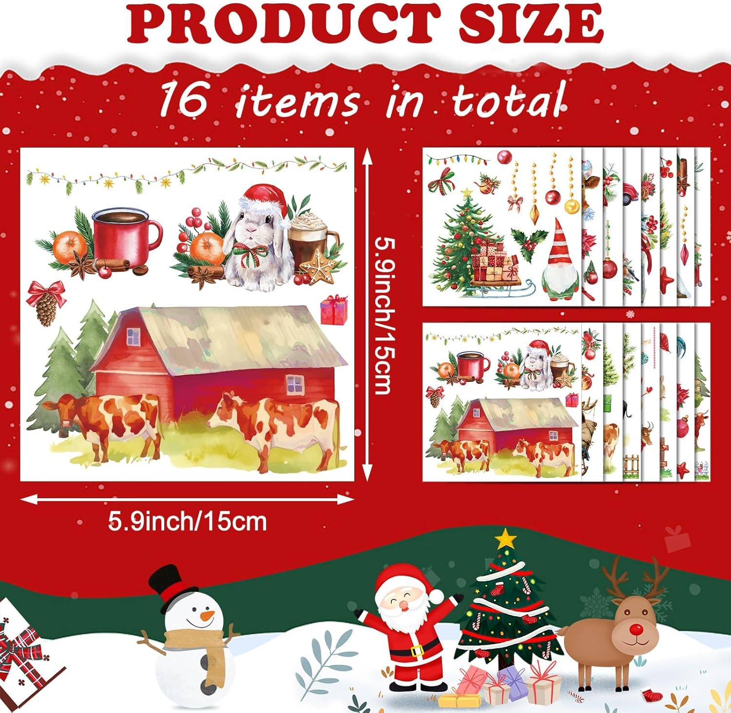 16 Sheets Christmas Rub on Transfers for Crafts and Furniture Rub on Transfers Stickers Xmas Snowman Reindeer Stickers Rub on Decals for DIY Wood Fabric Envelope Crafts, 5.9 X 5.9 Inch(Farmhouse)