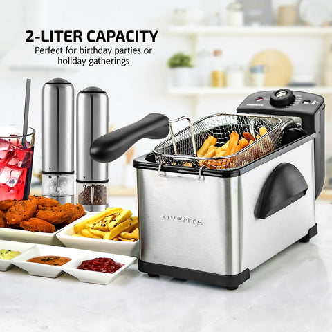 Electric Deep Fryer 2 Liter Capacity, 1500 Watt Lid with Viewing Window and Odor Filter, Adjustable Temperature, Removable Frying Basket and Easy to Clean Stainless Steel Body, Silver FDM2201BR