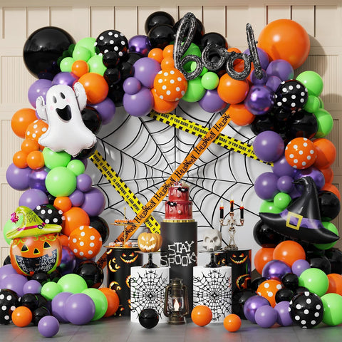 151PCS Halloween Balloon Arch Garland Kit, Black Orange Green Purple Balloons with Mylar Pumpkin Ghost BOO Foil Balloon for Kids Home Halloween Background Birthday Party Decorations Supplies