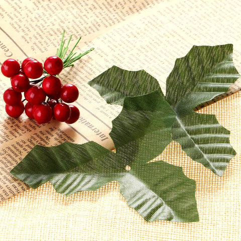 50 Pack Artificial Red Berry Stems and 50 Pack Green Leaves, Christmas Holly Berry Branches for Party Holiday Home Decoration and DIY Garland and Wreath Ornaments