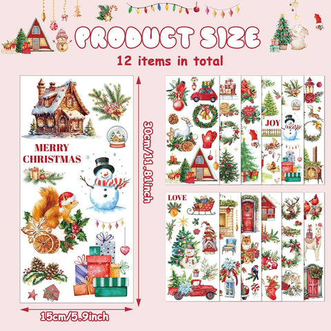 12 Sheets 11.9 X 5.9 Inch Sheets Christmas Rub on Transfers for Crafts and Furniture Xmas Santa Snowman Reindeer Transfer Stickers Rub on Decals for DIY Craft Home (Vintage Classic)