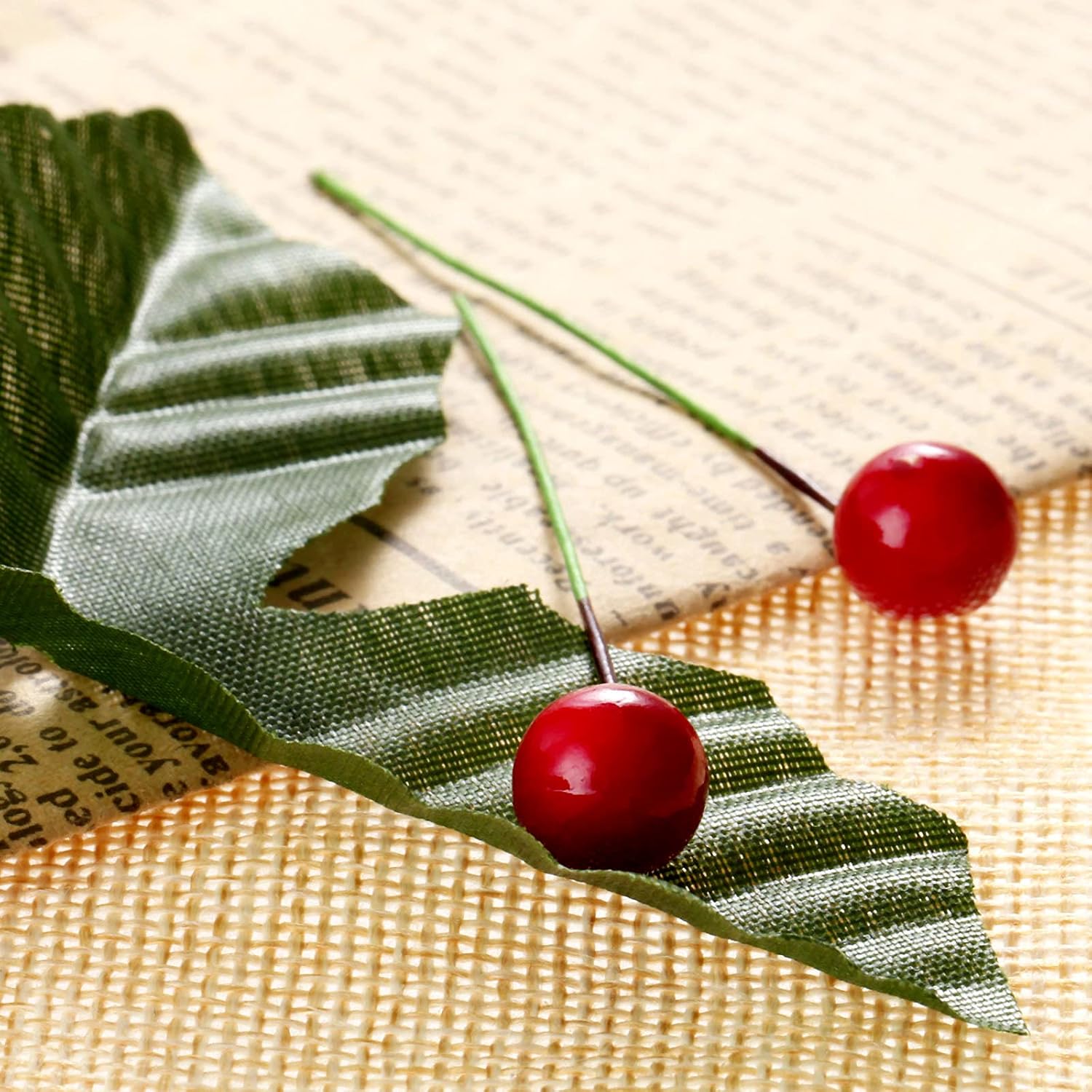 50 Pack Artificial Red Berry Stems and 50 Pack Green Leaves, Christmas Holly Berry Branches for Party Holiday Home Decoration and DIY Garland and Wreath Ornaments