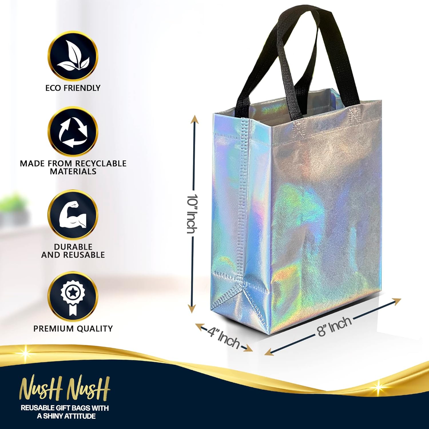 Iridescent Gift Bags Medium Size – Set of 12 Stunning Holographic Silver Reusable Gift Bags in Bulk - Goodie Bags, Birthday Gift Bags with Handles, Party Favor Bags, Present Bags – 8Wx4Dx10H