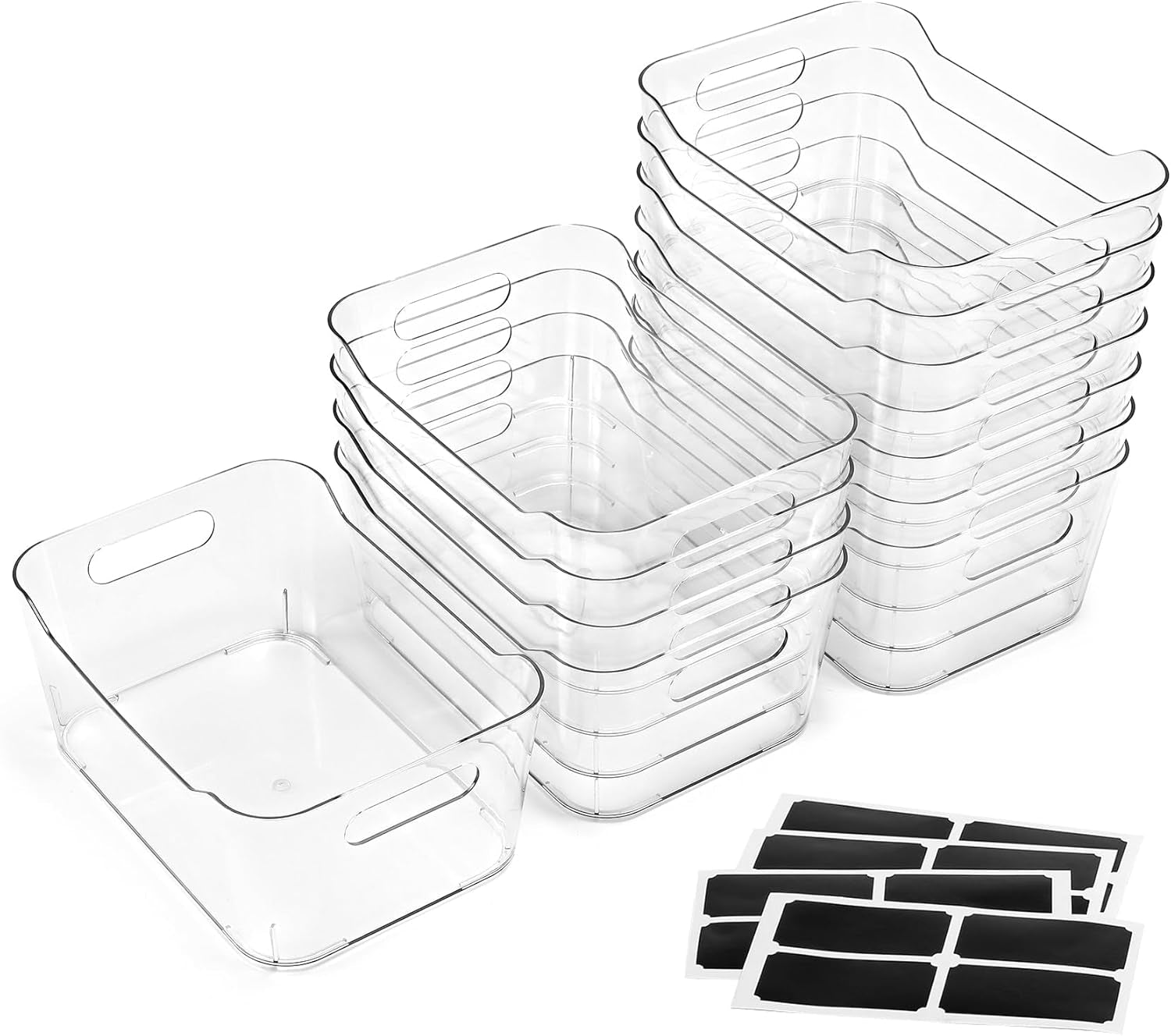 12 PACK Multi-Use Clear Plastic Storage Bins for Organizing W/ Labels - Home, Kitchen, Bathroom, Office, Pantry Cabinet Shelf Organizer Bins - SOHO Collection, RV, Fridge Organization Containers