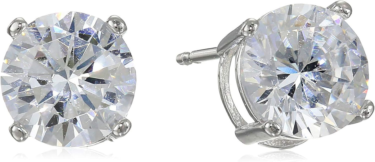 Plated Sterling Silver Cubic Zirconia Stud Earrings (Round & Princess)