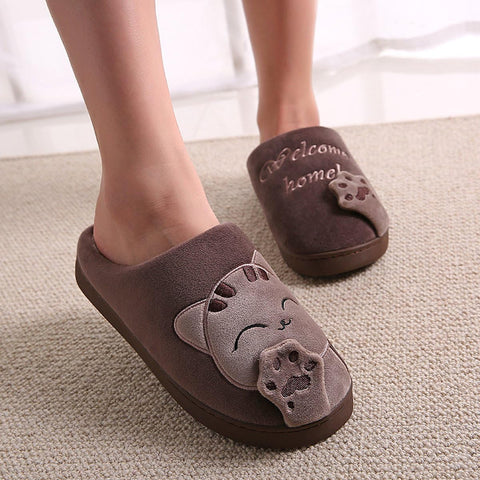 Ladies Cute Cat Animal Plush Slip on Winter Warm Bedroom Shoes Non Slip House Slippers for Women Men