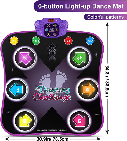 Dance Mat Toys for 3-12 Year Old Kids, Electronic Dance Pad with Light-Up 6-Button Wireless Bluetooth, Music Dance with 5 Game Modes, Birthday Toys Gifts for 3 4 5 6 7 8 9 10+ Year Old Girls