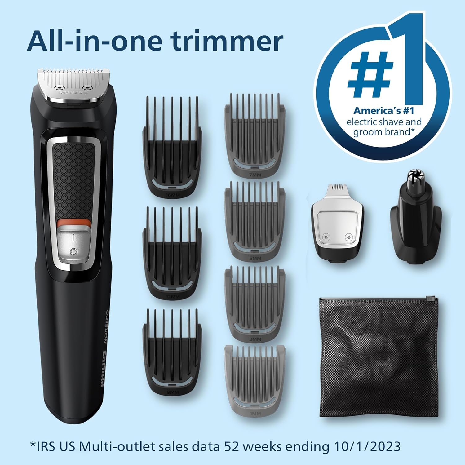 Norelco Philips Multi Groomer All-In-One Trimmer Series 3000-13 Piece Mens Grooming Kit for Beard, Face, Nose, Ear Hair Trimmer and Hair Clipper - NO Blade Oil Needed, MG3740/40