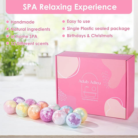 Bath Bombs for Women, 12 Large Bath Bomb Bubble Bath Set Spa Gifts for Women, Natural Handmade Bath Bombs Rich in Essential Oils, Romantic Gifts for Her, Wife, Multicolor