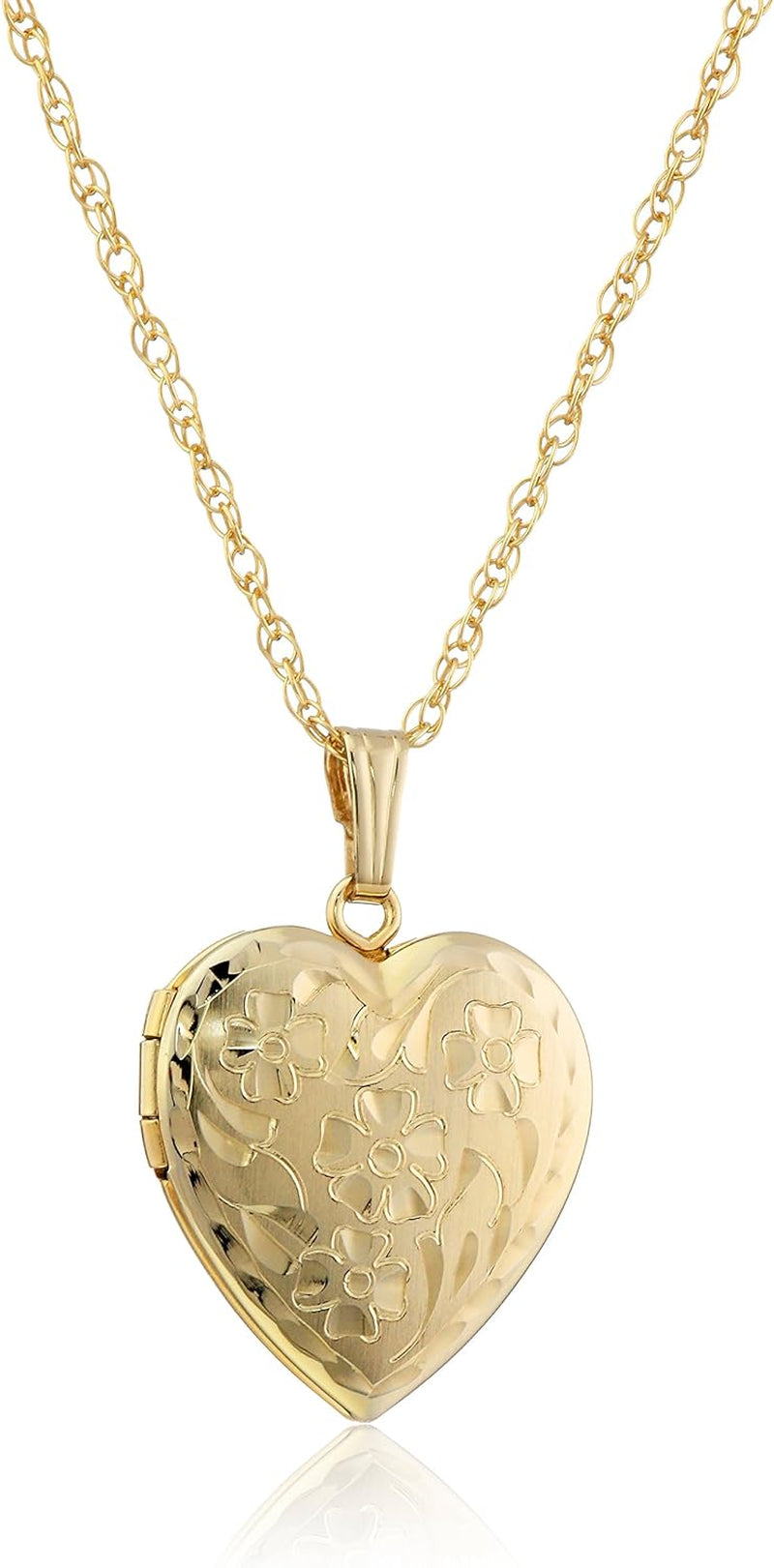 14K Engraved Flowers Heart Locket Necklace, 18" (Previously Amazon Collection)