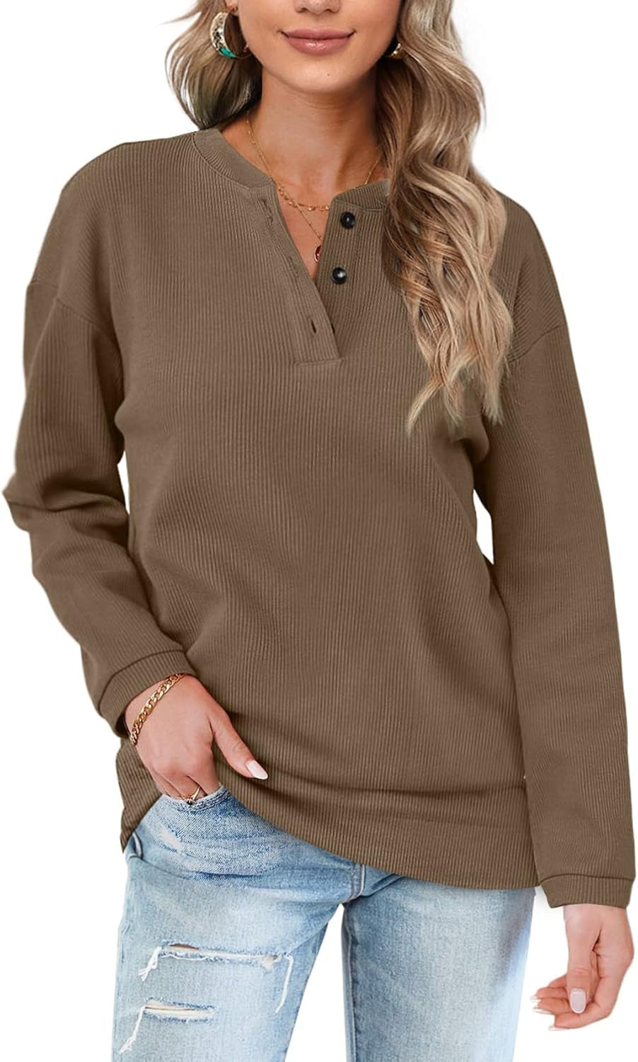 Womens Casual Sweatshirts Henley Button up Long Sleeve Tunic Tops