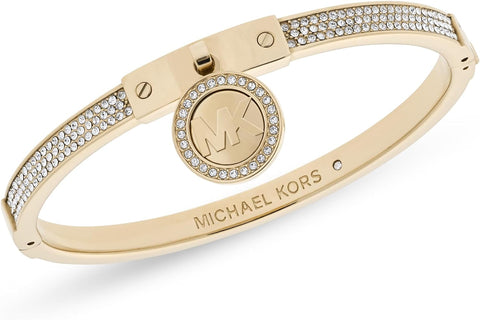 Stainless Steel and Pavé Crystal MK Logo Bangle Bracelet for Women, Color: Gold (Model: MKJ5976710)