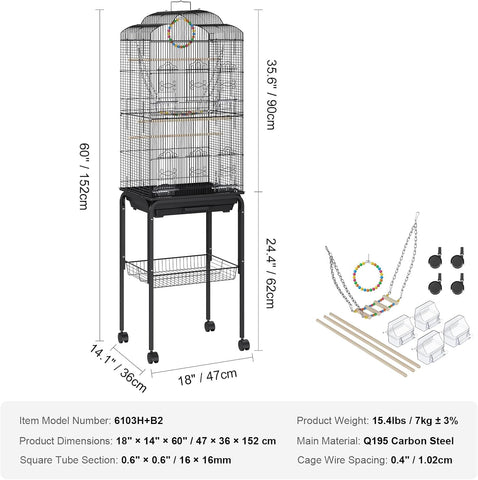 60 Inch Flight Bird Cage, Metal Large Parakeet Cages for Cockatiels Parrot Budgies Lovebirds Canaries, Pet Big Bird Cage with Rolling Stand and Hanging Toys