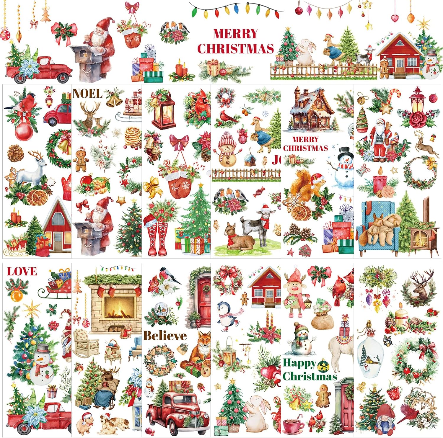 12 Sheets 11.9 X 5.9 Inch Sheets Christmas Rub on Transfers for Crafts and Furniture Xmas Santa Snowman Reindeer Transfer Stickers Rub on Decals for DIY Craft Home (Vintage Classic)