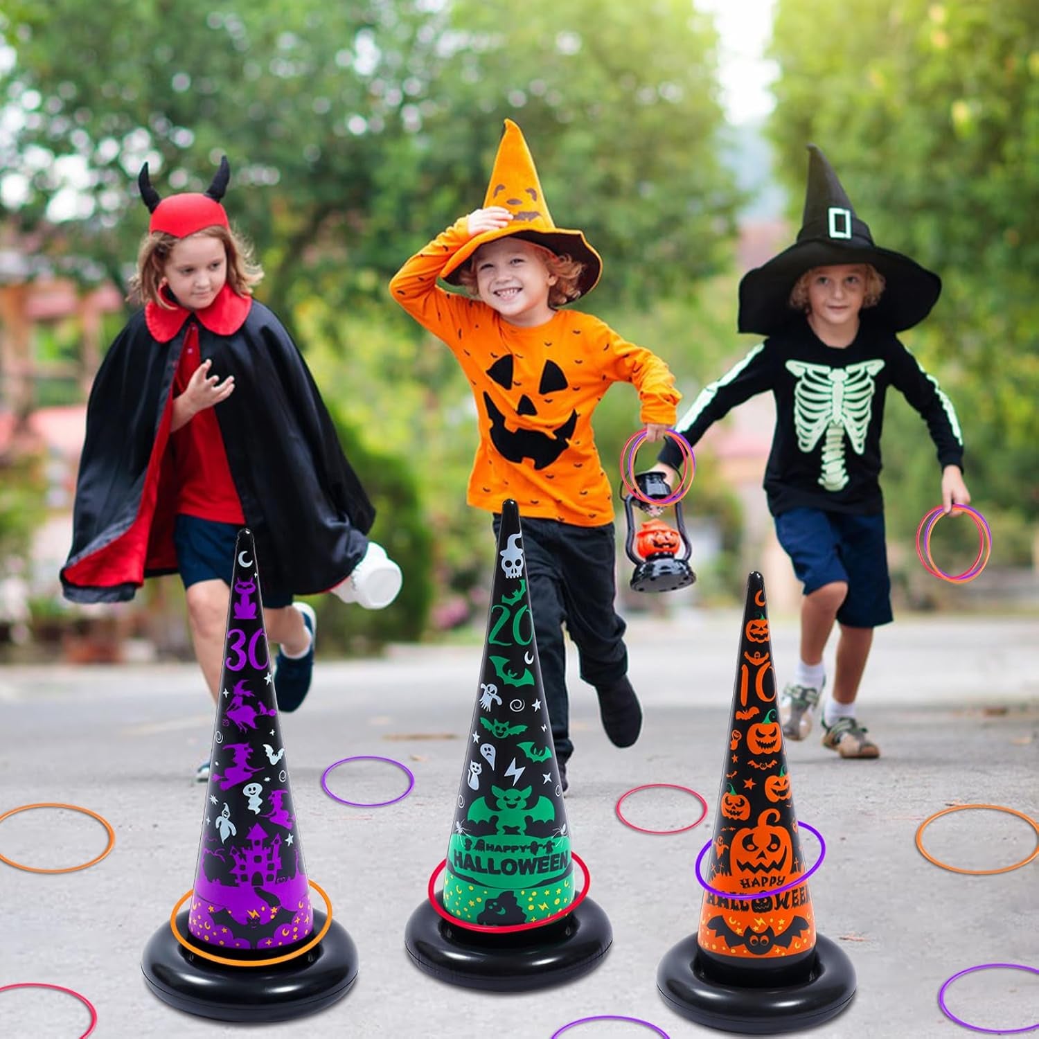 Halloween Party Games, Inflatable Witch Hat Ring Toss Game Halloween Carnival Indoor Outdoor Game Garden Toys for Kids Adults Family Games Supplies