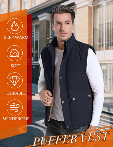 Men'S Winter Warm Outdoor Padded Puffer Vest Thick Fleece Lined Sleeveless Jacket