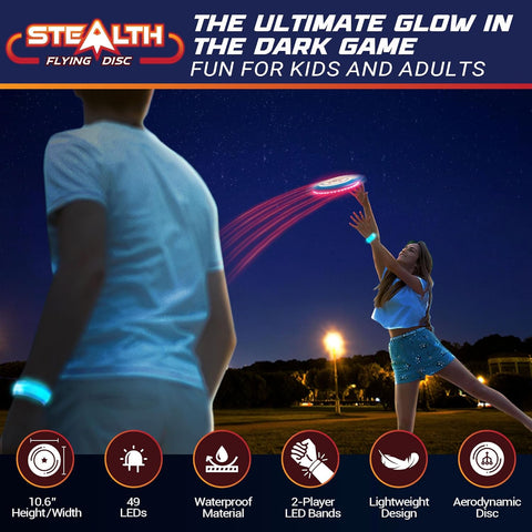 Stealth LED Flying Disc- Light up Disc for Adults and Kids, 49 Leds Glow in the Dark Disk, 2 LED Arm Bands, Sport Golf Ultimate Disc Outdoor Game Set, Waterproof Glow Hover Discs (Red/Blue)