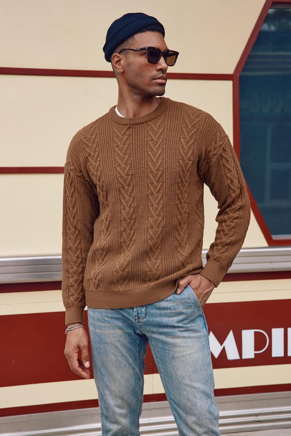 Mens Crewneck Sweater Casual Cable Knit Pullover Sweater Drop Shoulder Solid Knitted Sweaters