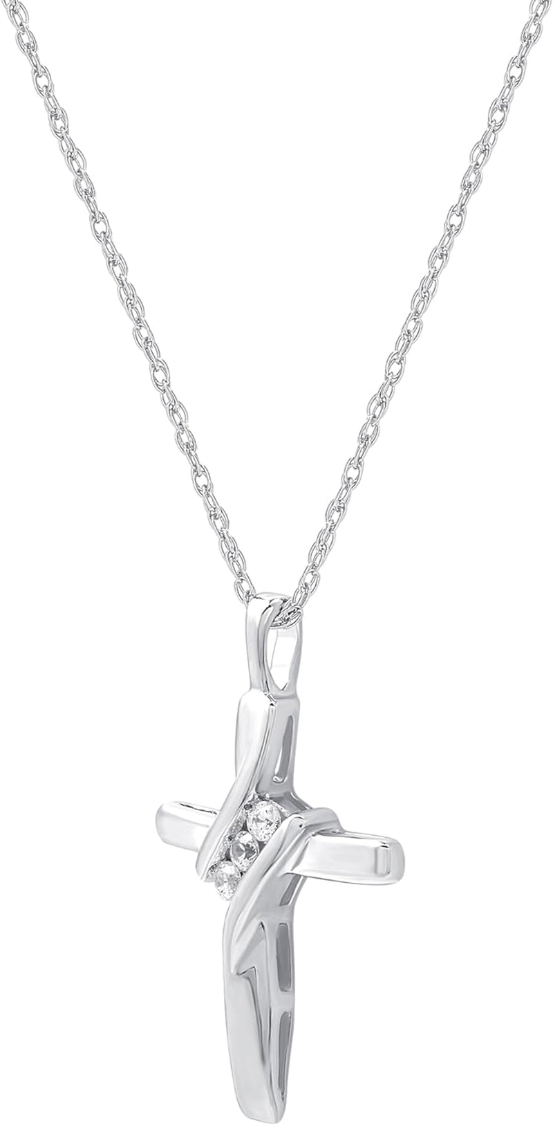 Small 10K White Gold Natural Round-Cut Diamond Accent (I-J Color, I2-I3 Clarity) 3 Stone Cross Pendant-Necklace,18"