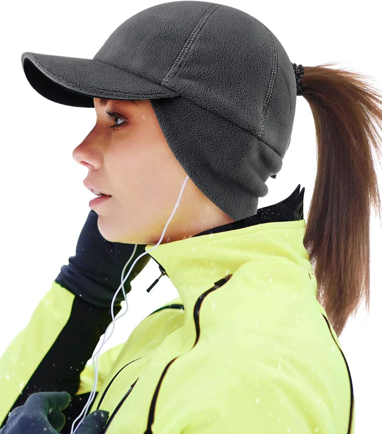 Women'S Stretchy Fleece Ponytail Hat with Earflap - Vertical Ponytail Hole Winter Hat for Any Hair