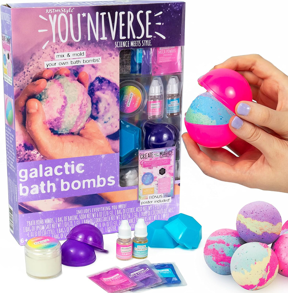 Just My Style You*Niverse Galactic Bath Bombs, At-Home STEAM Kits for Kids Age 6 and Up, Bath Time Fun, DIY Bath Bombs