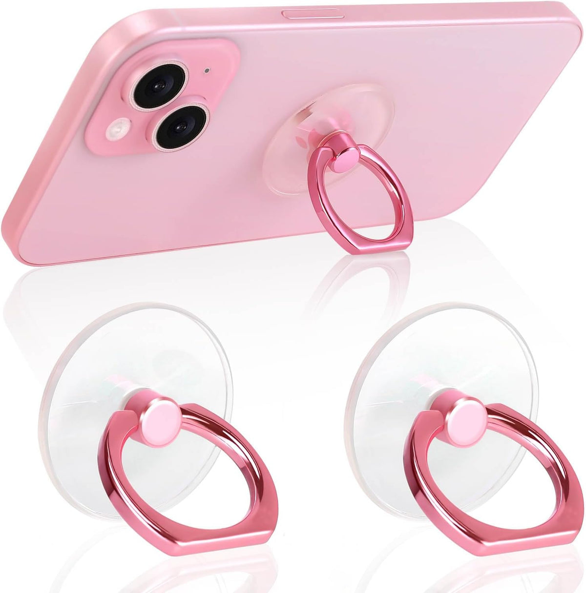 Pink  Clear Phone Ring Holder 2 Pack, Transparent Cell Phone Ring Grip 360°Rotation Finger Ring Stand, Phone Kickstand Compatible with Most of Phones, Tablet and Case