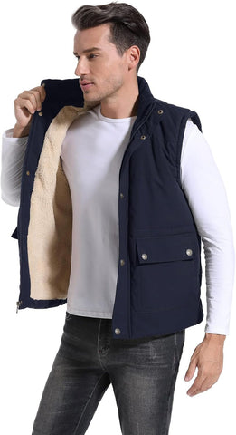 Men'S Winter Warm Outdoor Padded Puffer Vest Thick Fleece Lined Sleeveless Jacket